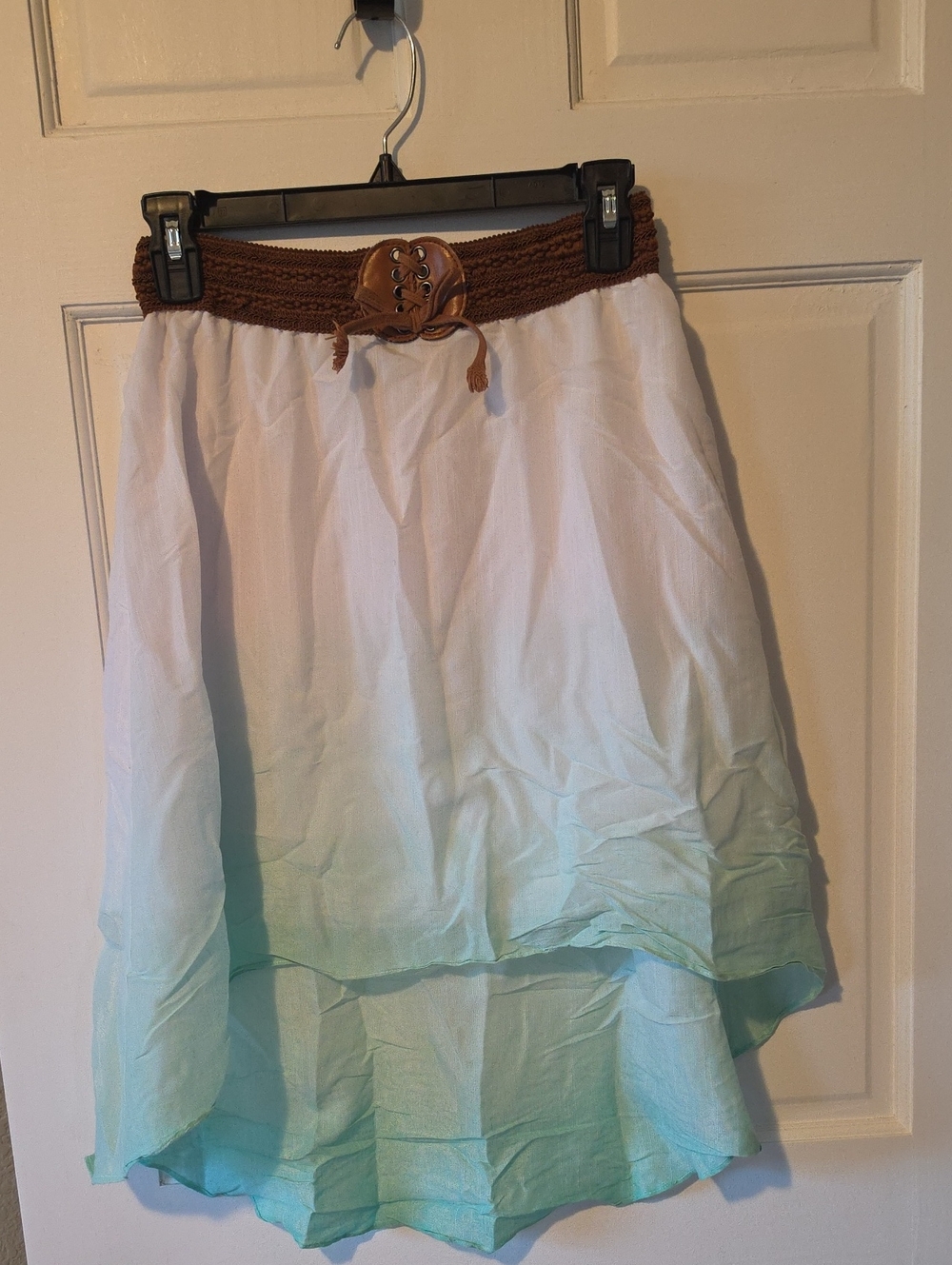 Girls Ombre White to Mint High-Low Skirt with Brown Braided Waistband